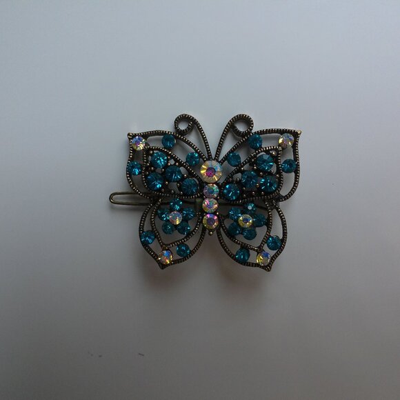 Butterfly Hair Clip, Gold color, blue rhinestone, shiny crystals - Picture 6 of 8